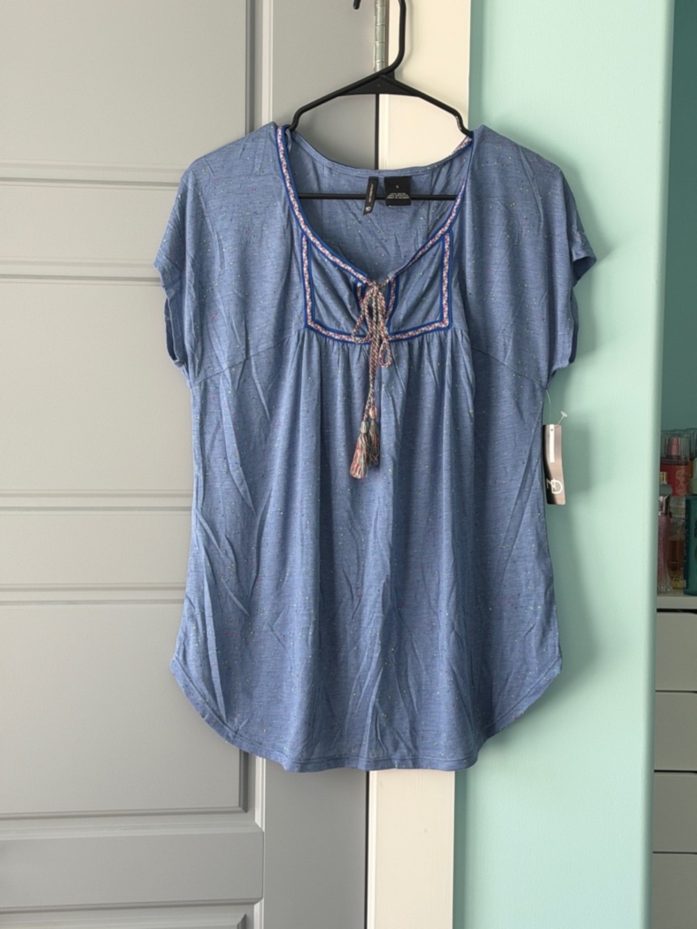 Speckled Blue Tie-Detail Short Sleeve Blouse